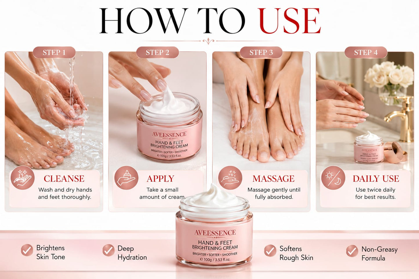 AVEESSENCE Hand & Foot Brightening Cream | Removes Dark Spots & Smooths Rough Skin