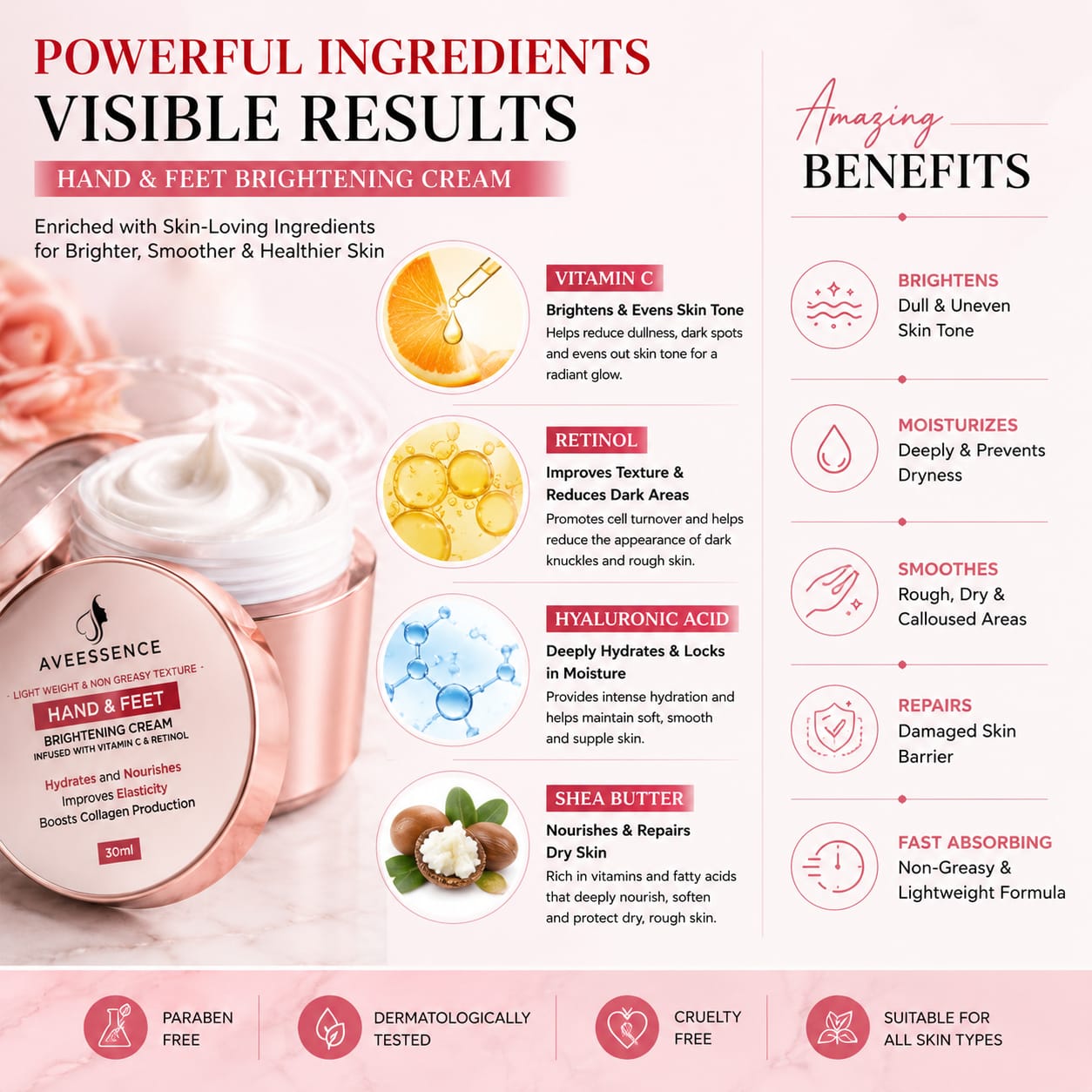AVEESSENCE Hand & Foot Brightening Cream | Removes Dark Spots & Smooths Rough Skin